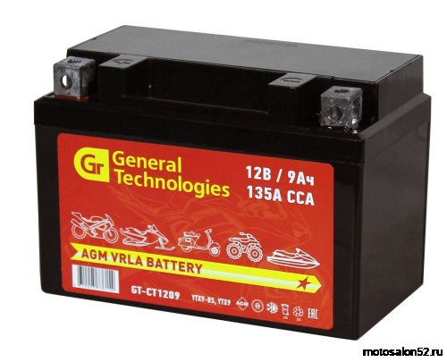 АКБ GT CT1209 YTX9-BS, YTX9 (12V 9Ah, Размеры: длина 150мм, ширина 86мм, высота 108мм) АКБ GT CT1209 YTX9-BS, YTX9 (12V 9Ah, Размеры: длина 150мм, ширина 86мм, высота 108мм)