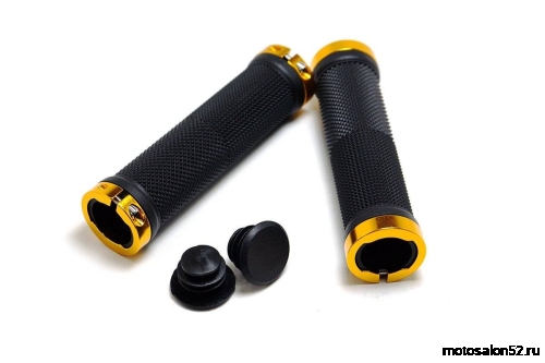 Ручки руля 130мм, резина, с двумя грипстопами, с заглушками (золотые) (H-G 119) 