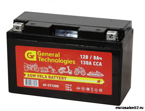 АКБ GT CT1208 YT7B-BS, YT7B-4, YT9B-BS (12V 8Ah, Размеры: длина 150мм, ширина 66мм, высота 95мм)