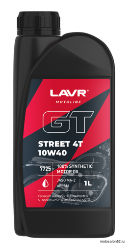 Масло 4Т LAVR SAE10W-40 API SM Moto GT STREET 1л 100% синтетика
