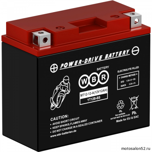 АКБ WBR MT1212 MT12-12-A 12V 12Ah, Размеры: длина 150 мм, ширина 70 мм, высота 130 мм